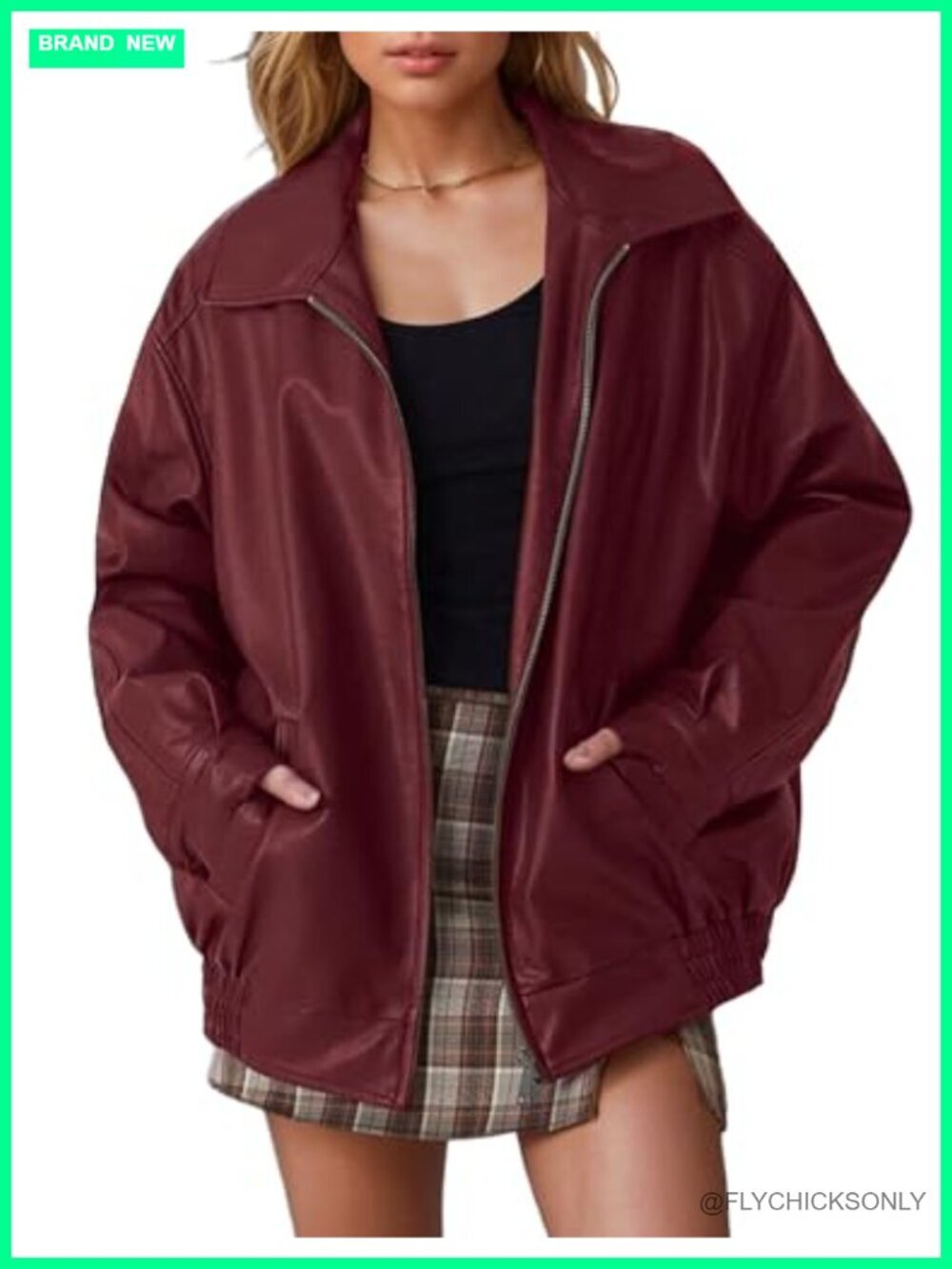 Oversized Faux Leather Motorcycle Bomber Jacket with Pockets